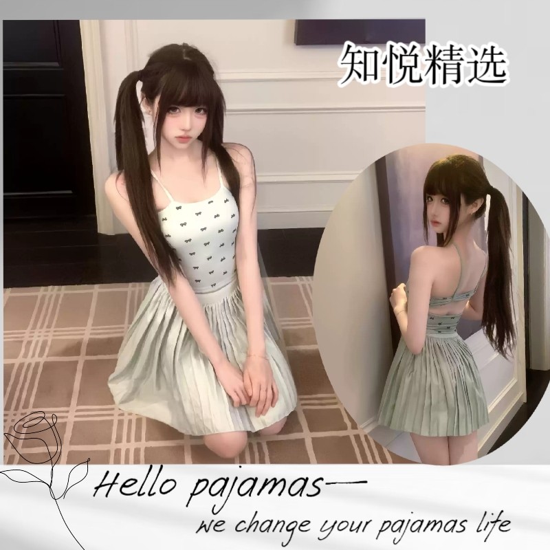 日系少女蝴蝶结印花吊带衫搭配浅绿百褶短裙清新私房居家两件套装
