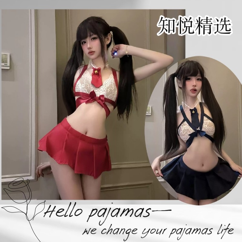 日系甜辣风镂空蕾丝学生制服V领结百褶短裙蝴蝶结纯欲JK制服套装