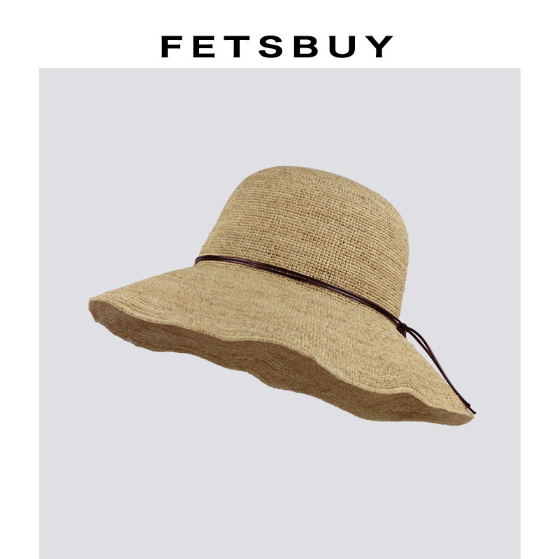 Fetsbuy细草手工编织拉菲草帽夏天防晒遮阳大檐圆顶渔夫帽可折叠