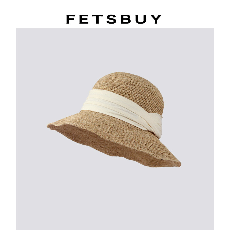 FETSBUY进口拉菲草纯手工编织绑带草帽高品质防晒透气圆顶渔夫帽