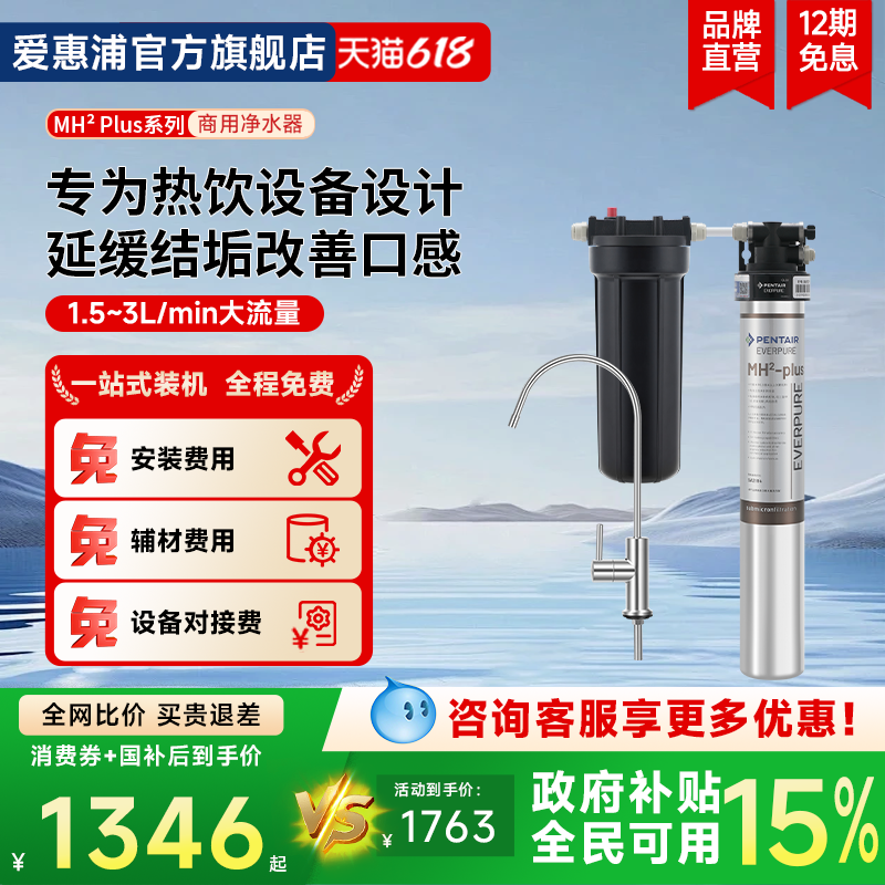 爱惠浦商用净水器MH2 Plus单联双联大流量加热热饮机自来水过滤机
