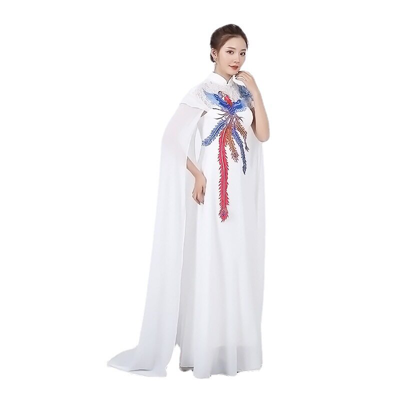 2026新款雪纺白色气质拖地礼服裙披风修身印花改良旗袍复