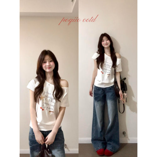 美式甜辣斜肩白色短袖T恤女新款