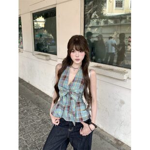 韩系撞色格子外穿吊带背心女装夏季小众设计感蝴蝶结挂脖无袖上衣