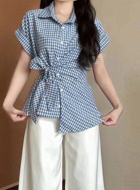 大码显瘦港风蓝格短袖衬衫女