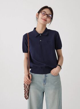 法式针织POLO衫女短袖收腰显瘦