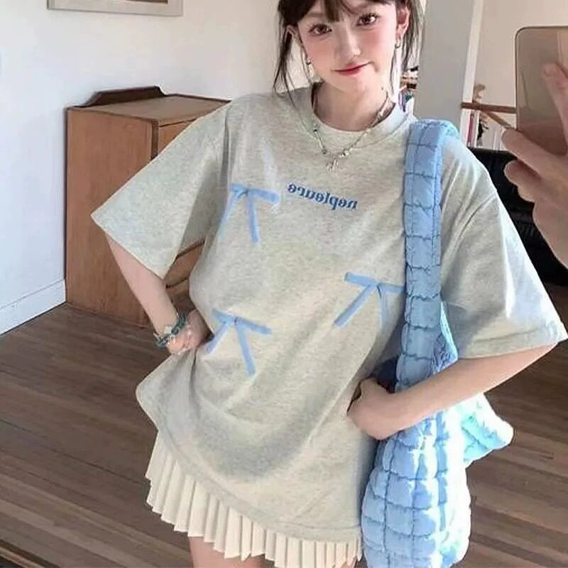 纯棉白灰蝴蝶结短袖T恤女减龄