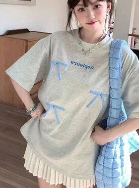 纯棉白灰色蝴蝶结印花短袖t恤女2025新款夏季减龄学生上衣潮