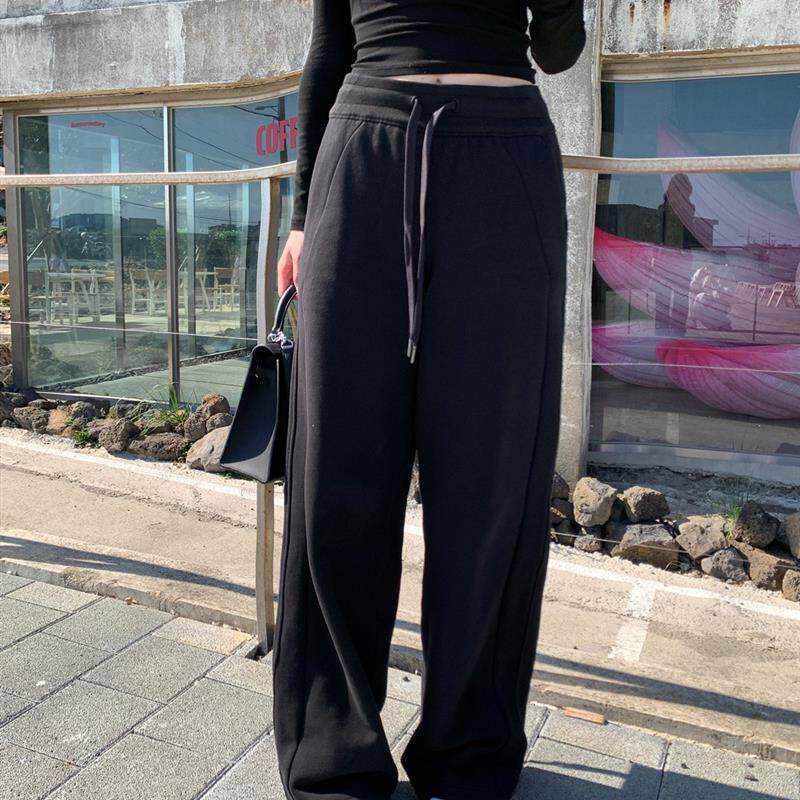 alex stevens搭配神裤黑色休闲裤直筒阔腿裤女春秋季窄版长裤lulu