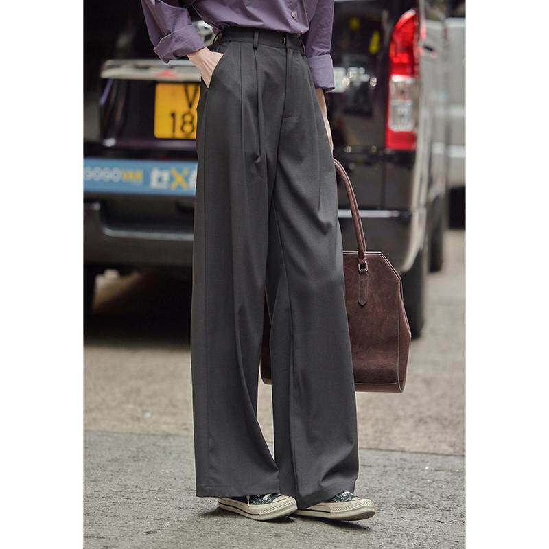 觅定灰色西装裤女夏阔腿裤直筒裤垂感高级感裤子休闲裤小个子长裤