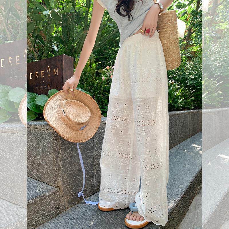 曾小咸 白色镂空蕾丝梧桐裤女夏季裤子薄款休闲宽松直筒阔腿长裤
