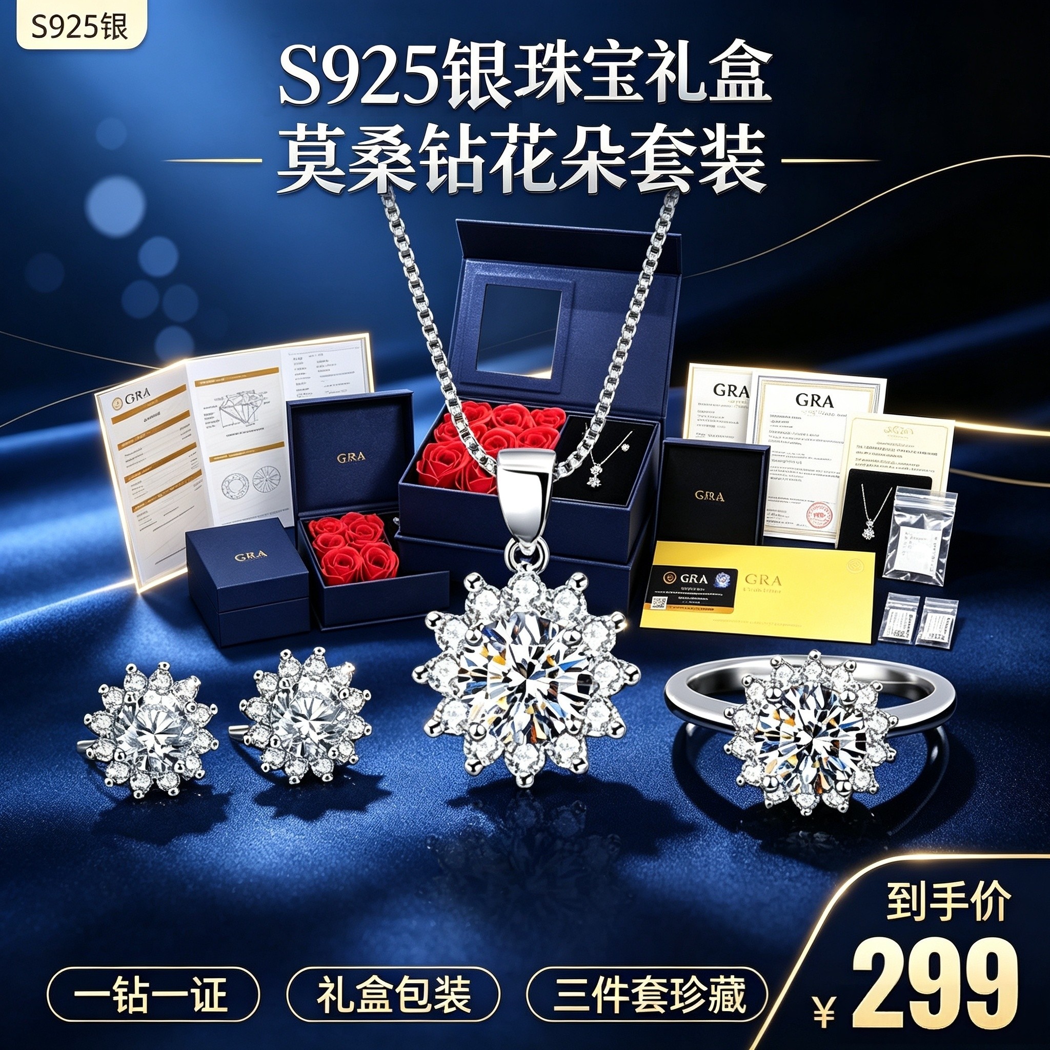 正品过测钻笔莫桑钻石纯银s925项链戒指耳钉套装首饰三件套莫桑钻