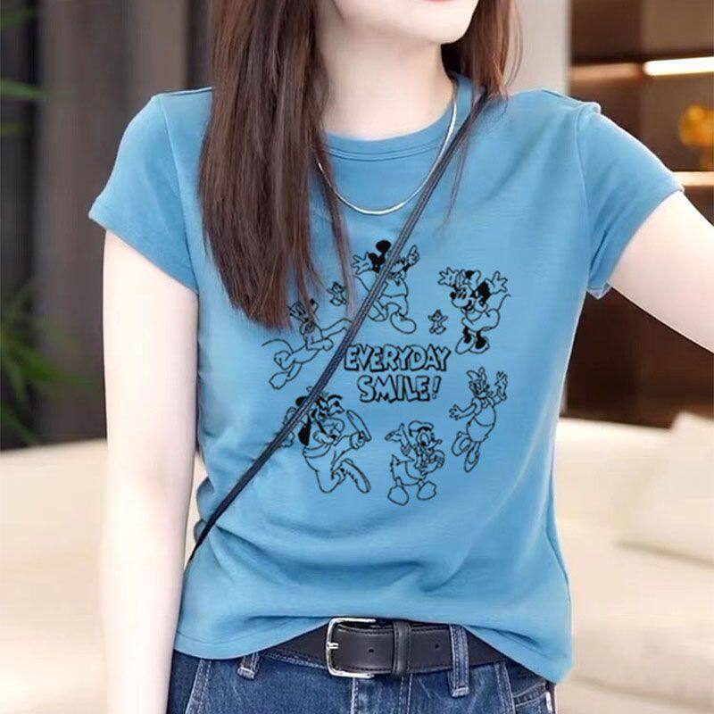 2026新款正肩纯棉短袖t恤女小众设计感时尚洋气湖蓝色高级上衣