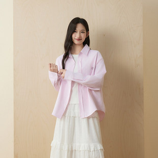 原野空间GRASS SPACE粉色条纹衬衫女春秋学院风宽松休闲衬衣外套