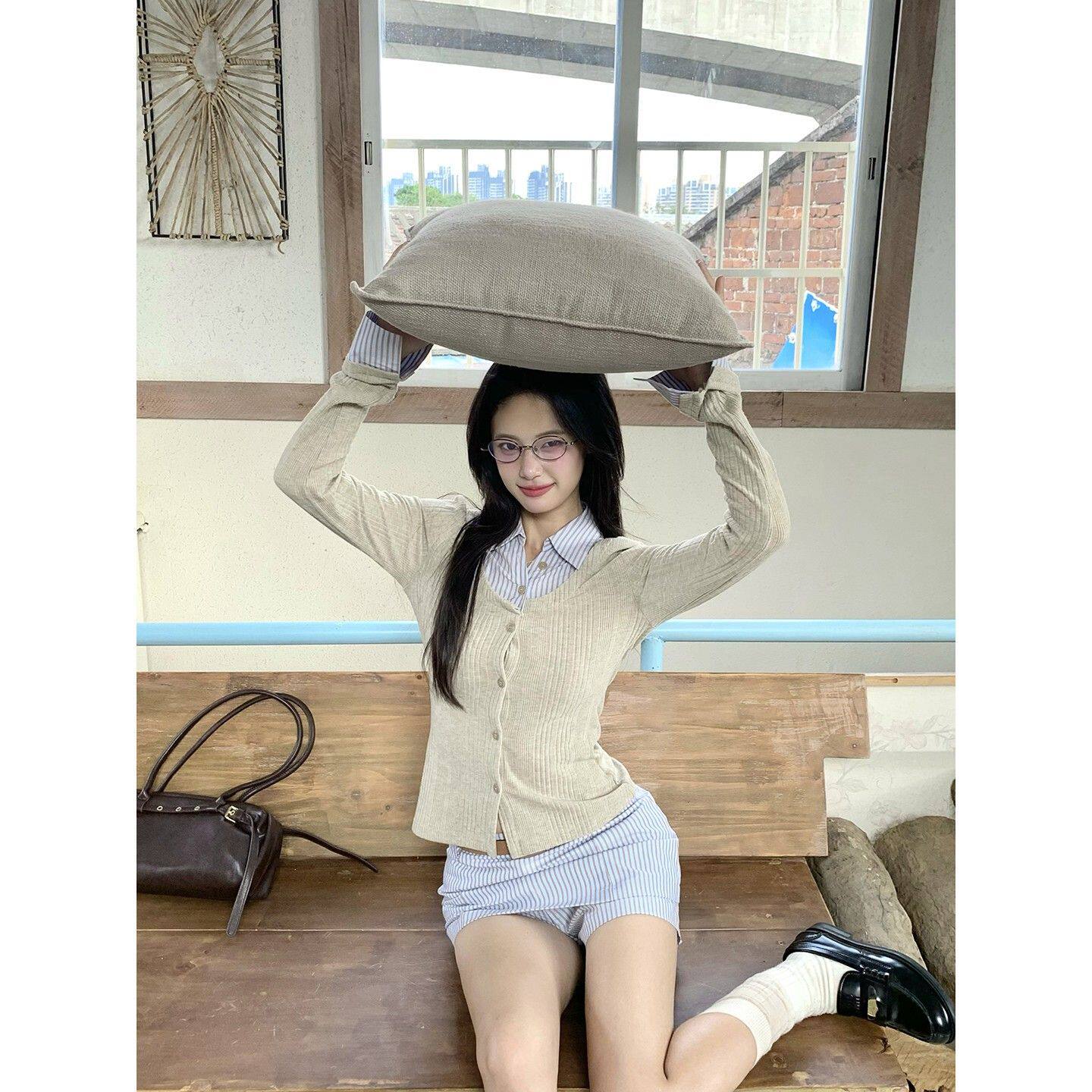 甜美学院风假两件长袖衬衫搭配半身裙女秋季韩系显瘦百搭两件套