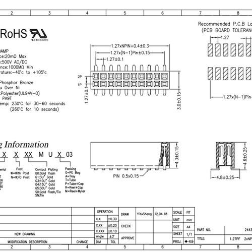 1.27mm间距 双排SMT贴片排母 排针插座 2*3/4/6/8/10/20/40P镀金.