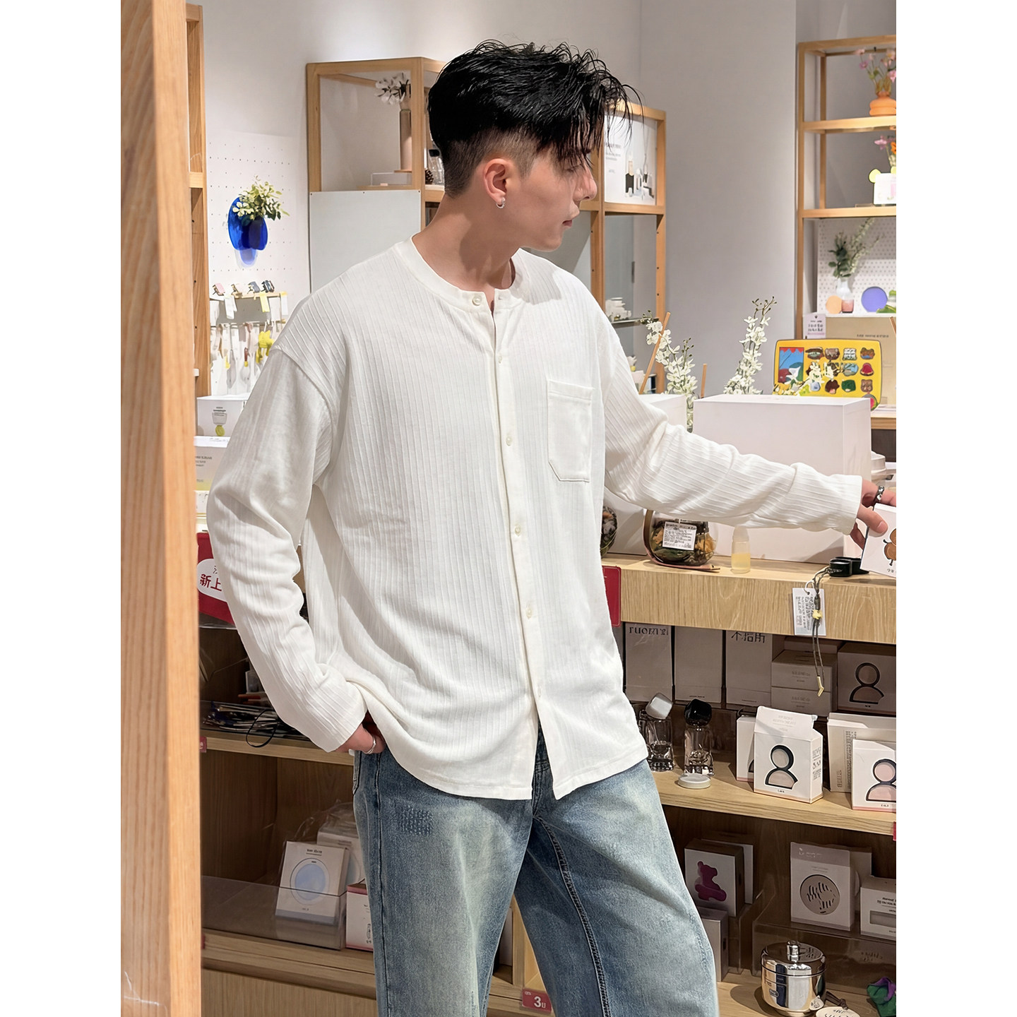 GIGIBIRD 韩版人夫感长袖衬衫男款极简休闲风上衣纯色圆领衬衣潮