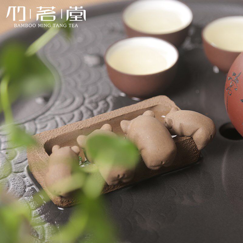 手工紫砂茶宠 丰衣足食槽宜兴段泥创意功夫茶玩 四只小猪喝水摆件