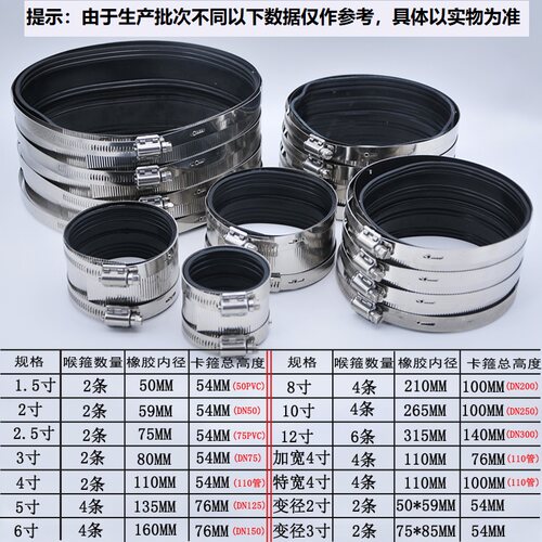 不锈钢卡箍铸铁管与PVC排水管接头专用管箍管束带橡胶圈管接抱箍