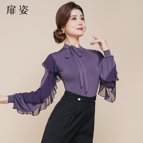 扉姿 摩登舞服女秋冬新品荷叶边长袖广场舞交谊舞练功服上衣F1222