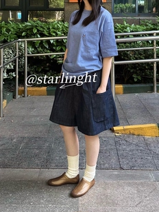 日系牛仔短裤女款夏季软牛仔松紧腰宽松短裤显瘦百搭立体口袋短裤