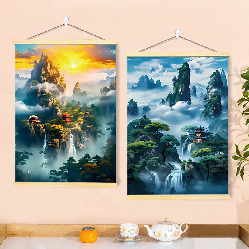 仙家堂口暗堂山水画地仙东北道家流水生财背景佛堂装饰挂画