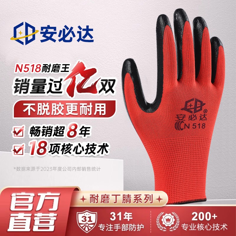 安必达N528劳保手套耐磨工作防滑丁腈橡胶皮涂胶劳动工地干活手套图片