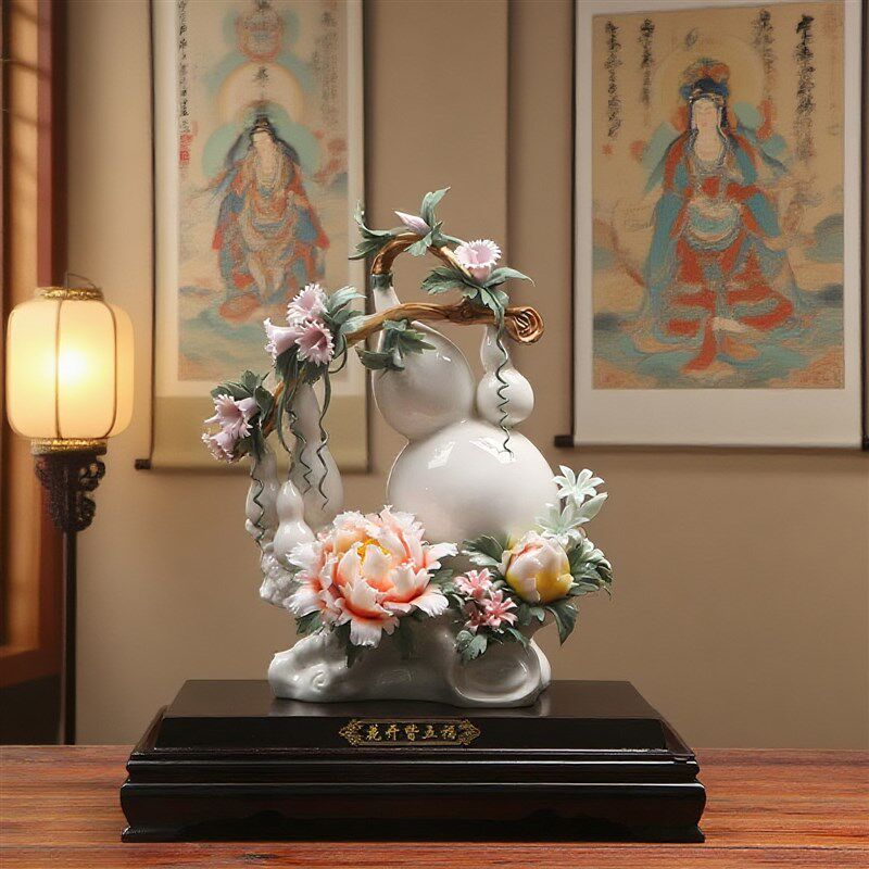 葫芦陶瓷摆件工艺品送长辈礼物家居装饰品客厅酒柜玄关新中式瓷花
