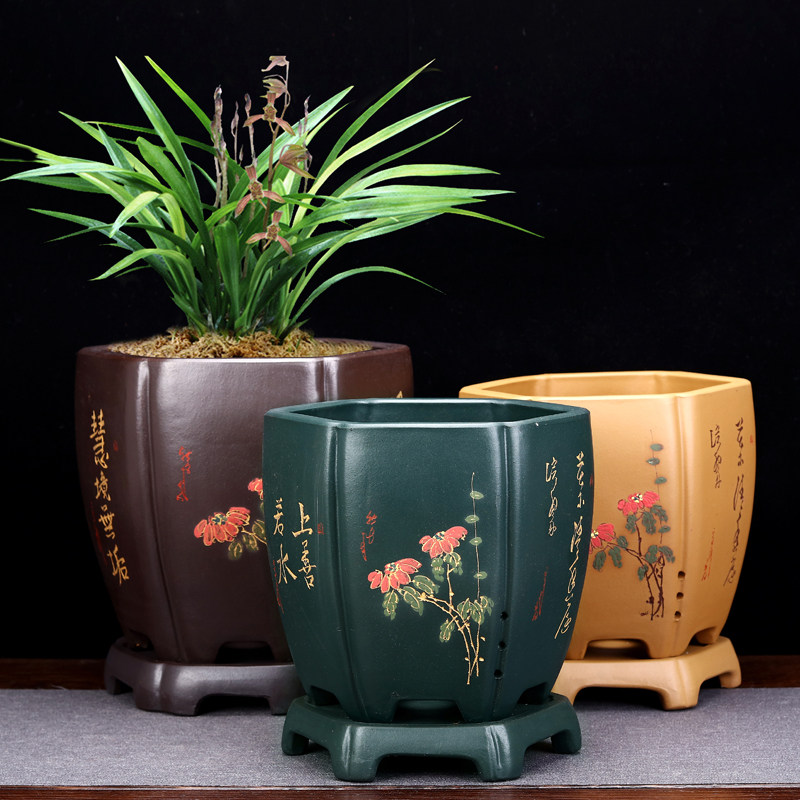 紫砂兰花专用盆手工陶瓷盆景花瓶精品绿植古典兰花君子兰家用花盆