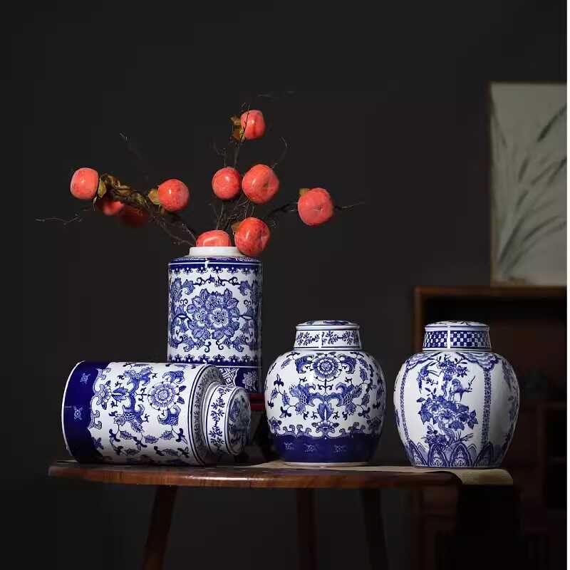 桌面储物罐青花瓷花陶瓷瓶新中式复古陶瓷器客厅玄关餐桌摆件
