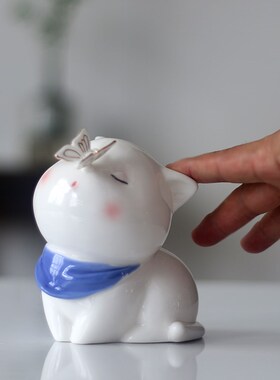 白瓷茶宠摆件手工精品茶玩小猫咪茶具饰品可养可爱卡通茶桌工艺品