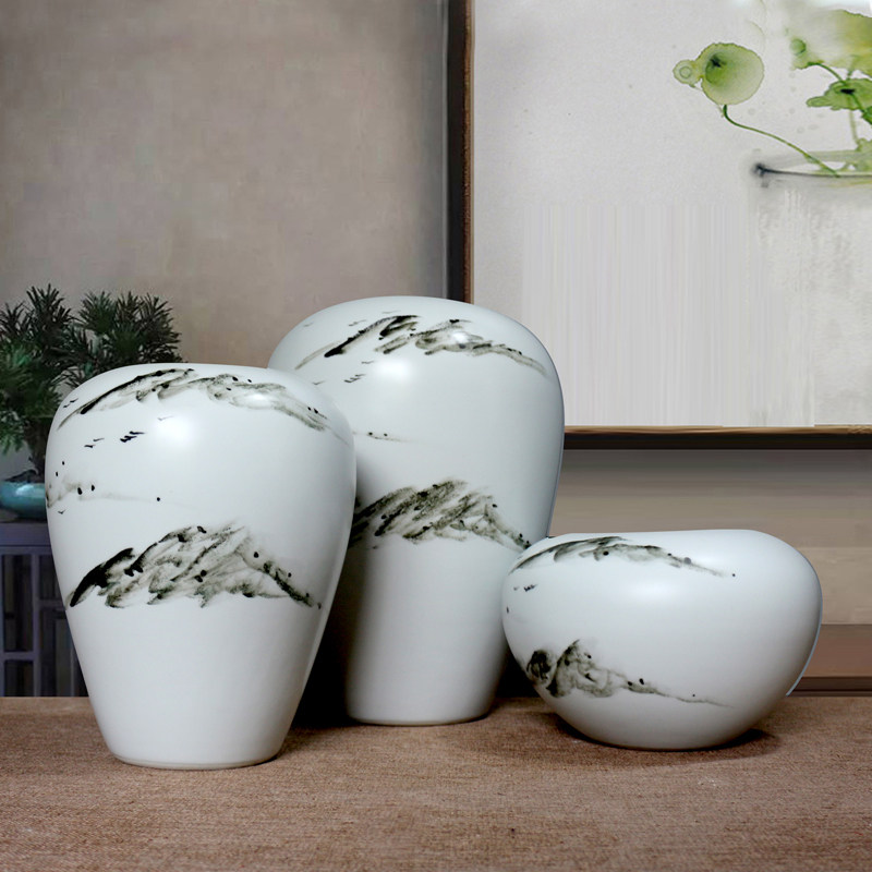 书画缸卷轴缸字画筒花插落地陶瓷大花瓶白色水墨插花装饰古典摆件