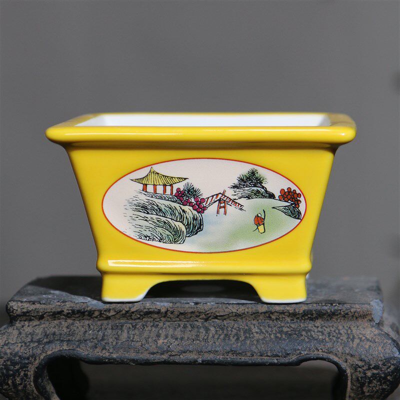 紫砂花盆正方形美工盆手绘盆手工贴画山水菖蒲盆陶瓷盆景盆觅陶乡
