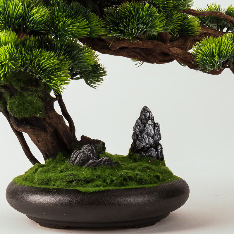 仿真迎客松盆景摆件红枫叶假树客厅玄关新中式装饰品禅意植物盆栽