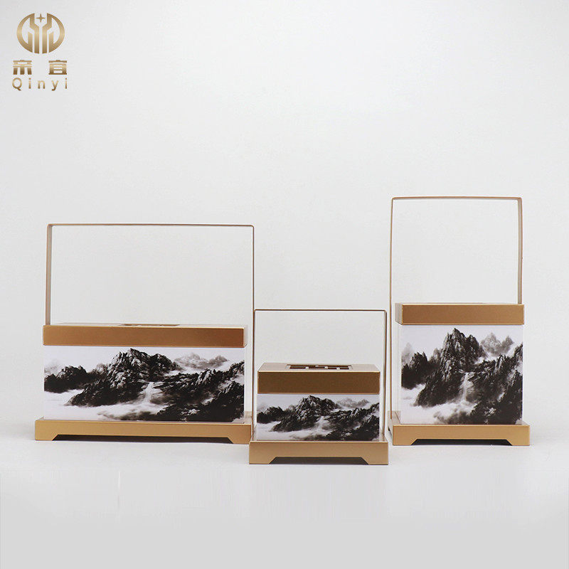 现代新中式创意铁艺亚克力山水提盒玄关摆件样板房间酒店别墅摆设