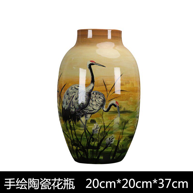 新中式陶瓷手绘丹顶鹤花瓶样板房入户摆件销售中心花插花器摆设