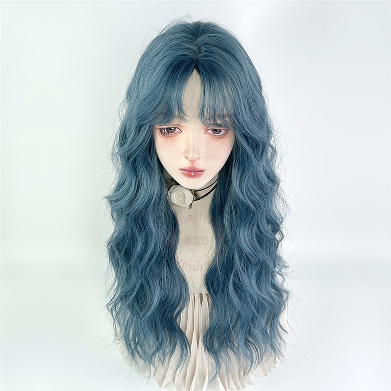 蓝色中分羊毛卷发假发女全头套长卷发大波浪cos彩绿湖蓝色lolita
