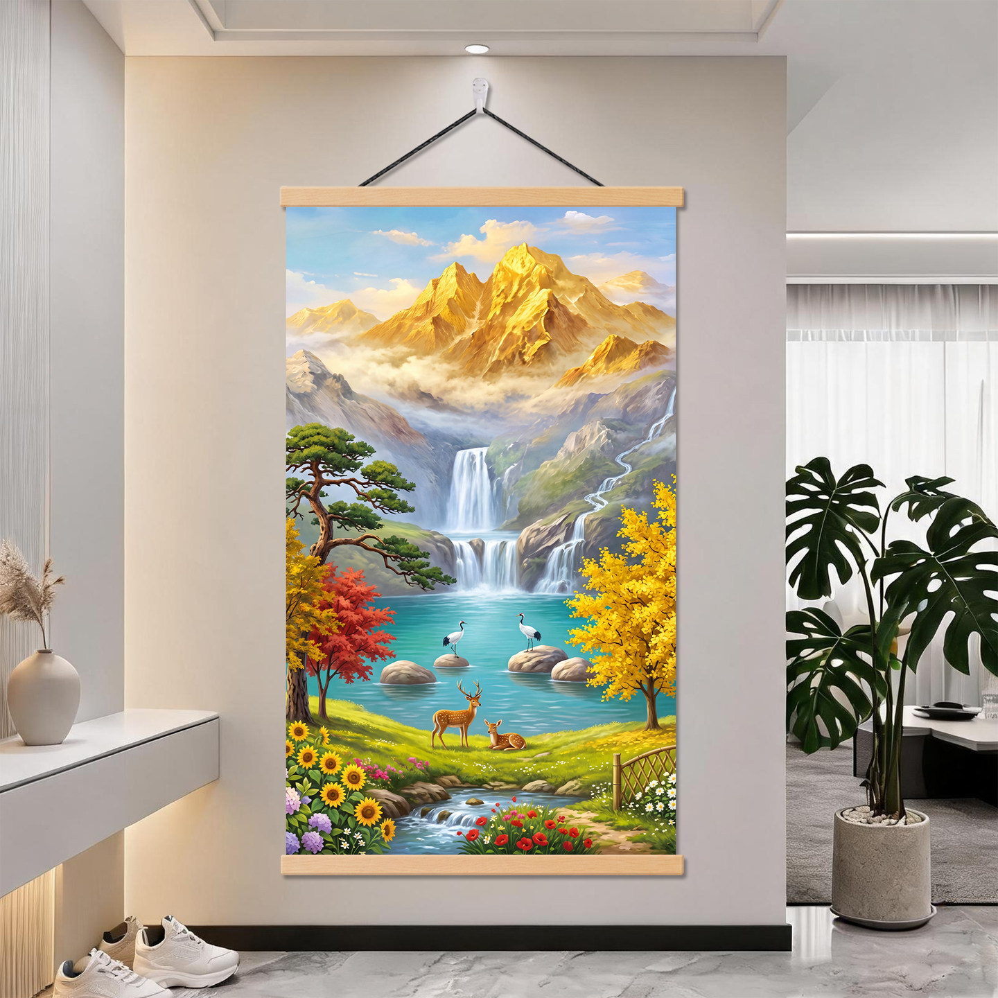 流水生财玄关正对门山水风景挂画