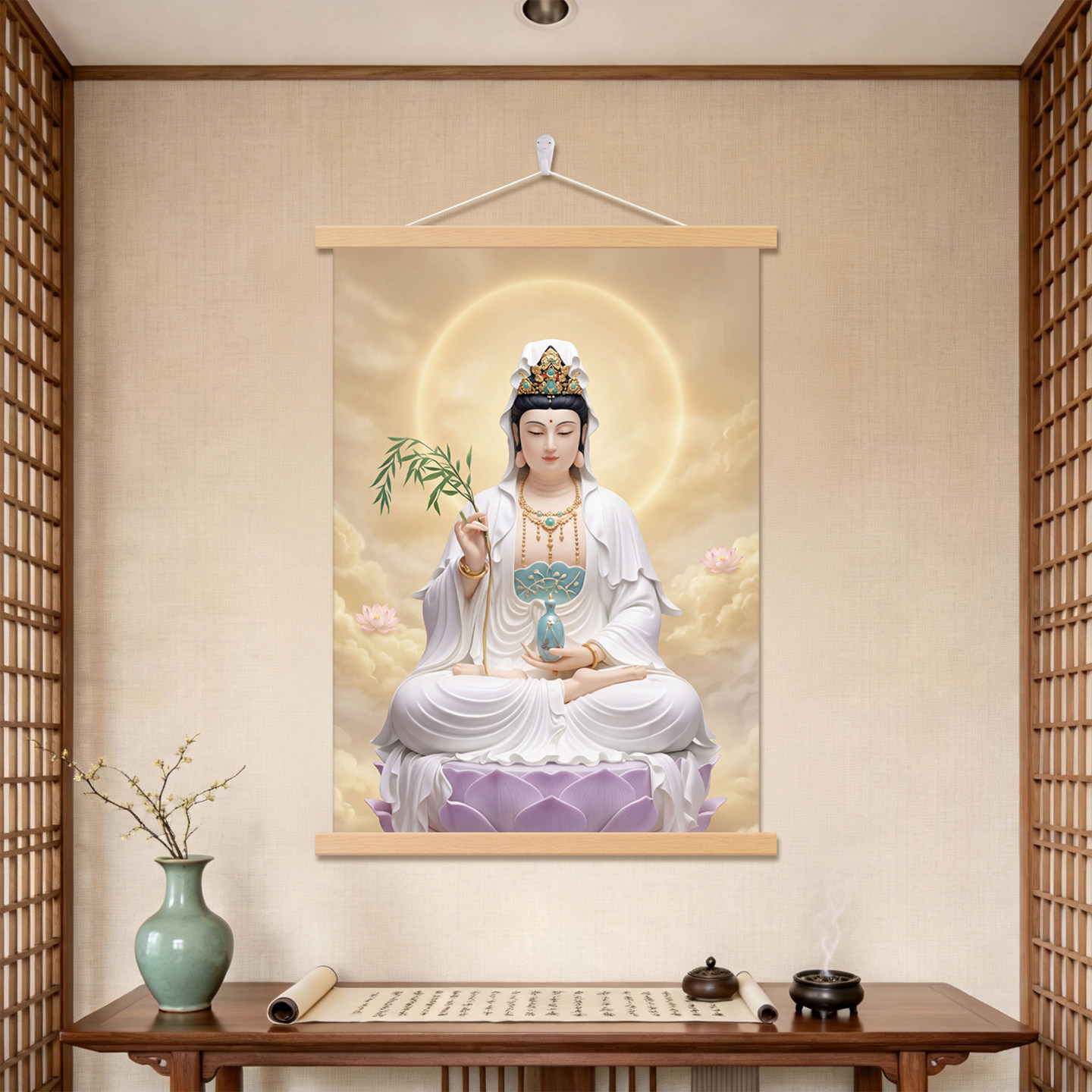 观音菩萨佛像装饰画三尺三白衣菩萨画像挂画供奉结缘禅意茶室壁画