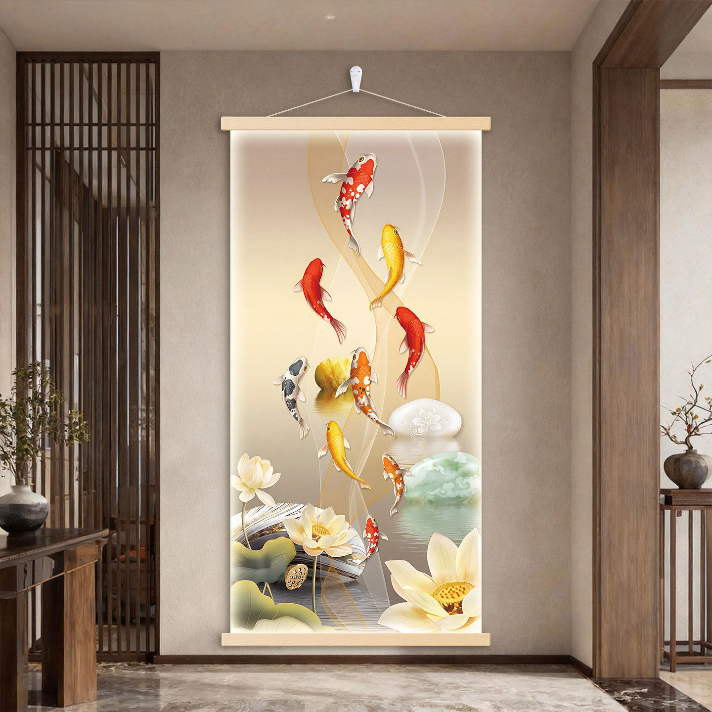荷花锦鲤竖版玄关客厅聚财挂画