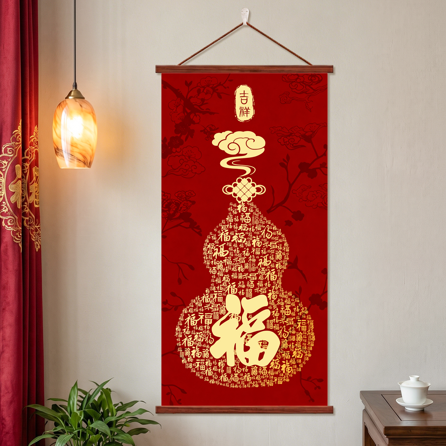 百福图玄关装饰画喜庆寓意好福字字画红色葫芦挂画客厅办公室壁画