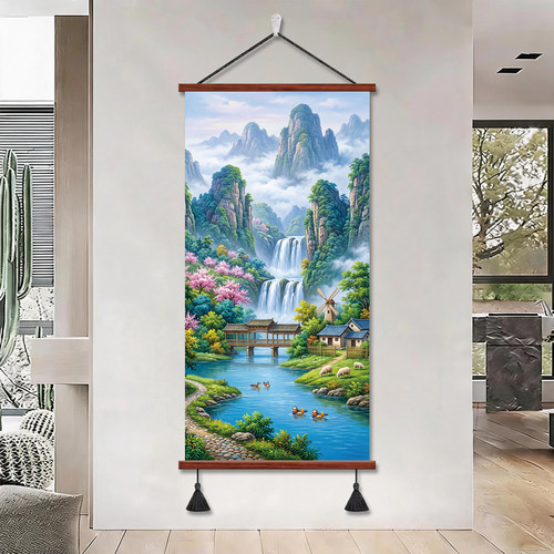 现代流水生财玄关正对门山水挂画