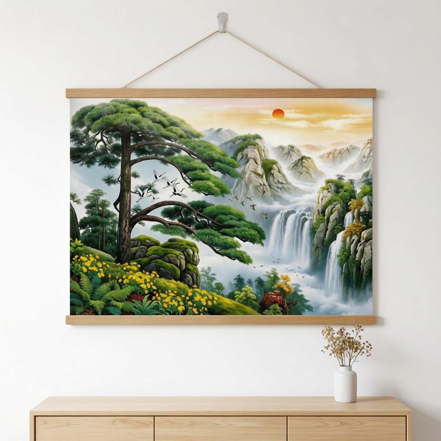 现代迎客松山水风景画餐厅背景墙装饰画流水生财挂画聚宝盆壁画
