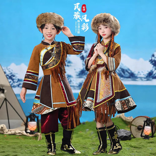 2026新款儿童蒙古族演出服饰藏族连衣裙鄂温克族斡尔鄂伦春族表演