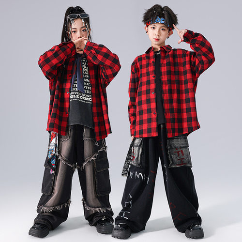 2026新款少儿街舞潮服男童红衬衫套装hiphop演出服女童炸街
