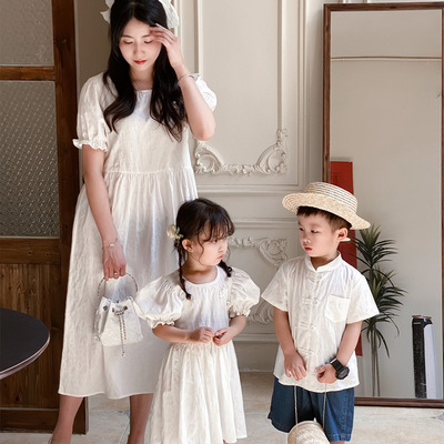 2026新款亲子装夏季短袖连衣裙一家三四口中国风盘扣母子母女装高