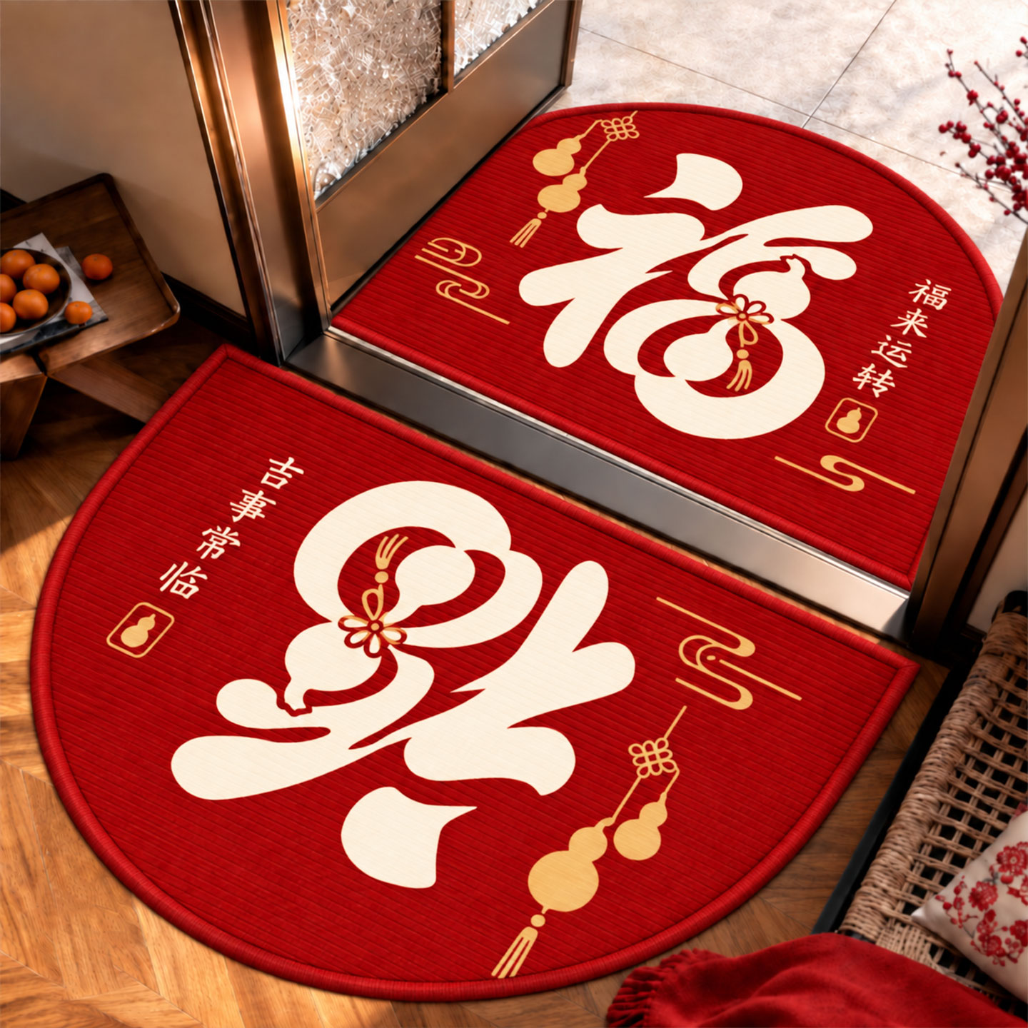 半圆红色喜庆防滑入户地垫
