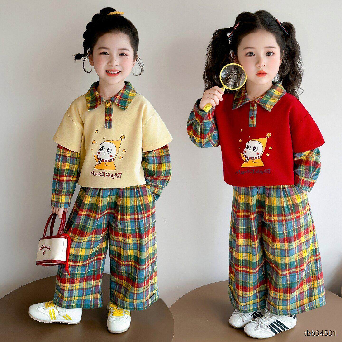 新款儿童格子阔腿裤两件套宝宝春秋衣服女童卡通卫衣春季套装