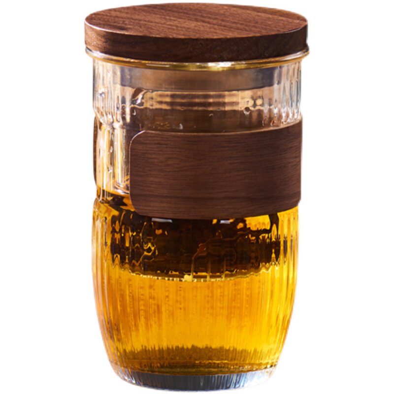 玻璃泡茶杯 办公室水杯 耐高温锤纹条纹花茶红茶木盖茶杯个人专用
