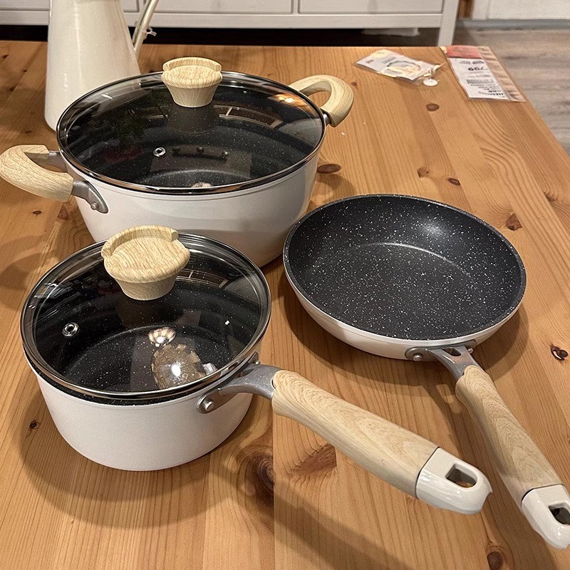 厨具锅具套装全套家用高颜值不粘锅炒锅汤锅煎锅三件套四件麦饭石